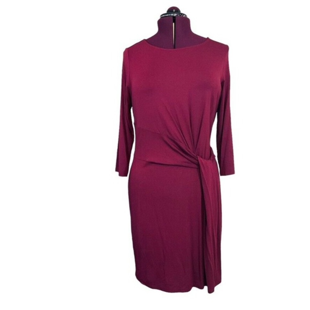 PAPYA WEEKEND Burgundy Red Sheath Dress Side Ruching Stretchy Comfort Size 16